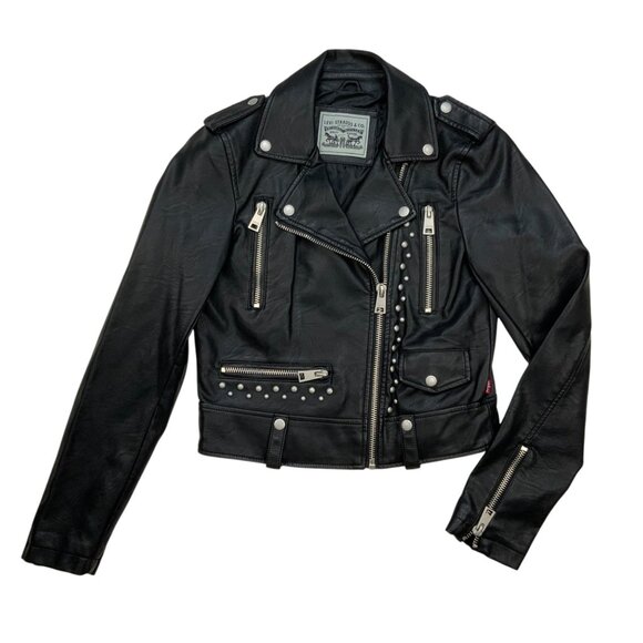 Levi’s Faux Vegan Leather Studded Moto Jacket XS Black Zip Front Biker Zip Cuffs - Picture 13 of 14
